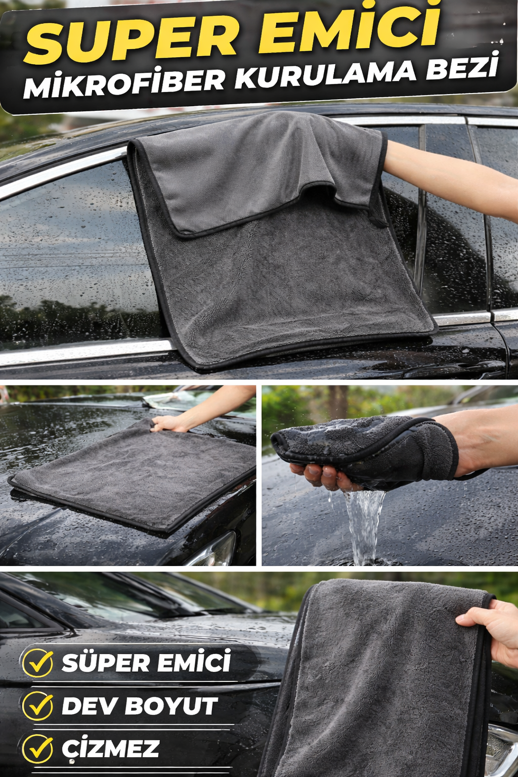 Mikrofiber Süper Emici 50x 70 cm Araç Kurulama Bezi Süper Emici Kalın Fil Özellikli Oto Kurulama Temizlik Ve Uygulama Havlusu (Gri)